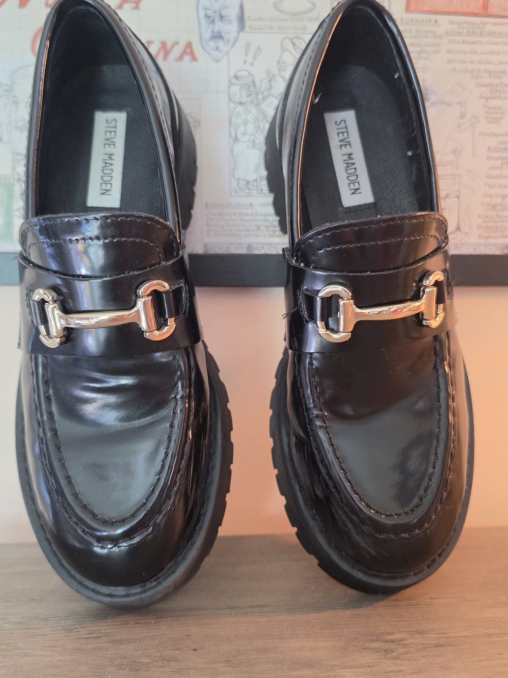 Steve Madden Black Patent Loafers with Gold Hardware